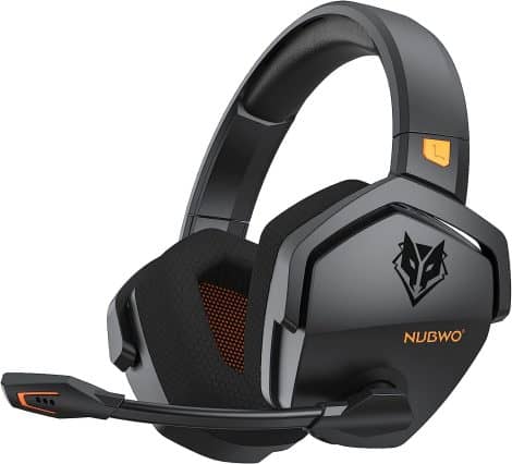 Wireless gaming headset with excellent microphone and long battery life for various platforms, in orange.