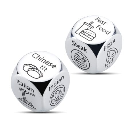 2 Steel Anniversary Food Decision Dice – Funny Gag Gift for couples, husband, wife, boyfriend, girlfriend, son, daughter, teen boys, girls.