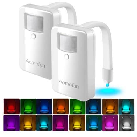 Motion-activated bathroom night lights for men, a fun and unique Christmas gift idea. Aomofun Toilet Lights 2Pack.