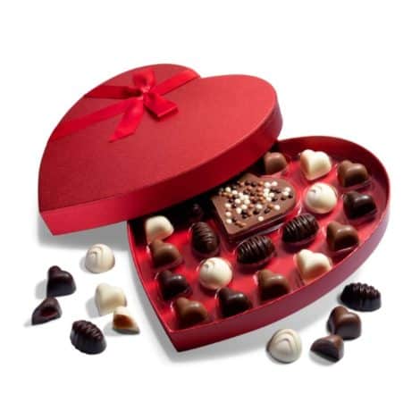 Valentine’s Day Heart Gift Box filled with assorted Belgian truffles and chocolates. Perfect candy gift idea for him, her, men, women.