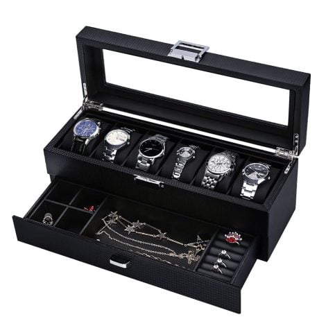 Anyasun Carbon Fiber Watch Box – 6 Slot Watch Case with Jewelry Drawer and Lockable Window.