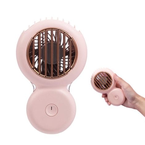 Compact, versatile, and rechargeable mini fan perfect for both indoor and outdoor activities. Available in pink.