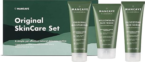 ManCave Originals Skincare Gift Set: 3 Essential Men’s Face Wash, Scrub, Moisturizer. Vegan, Natural, Recycled Tubes. Made in England.