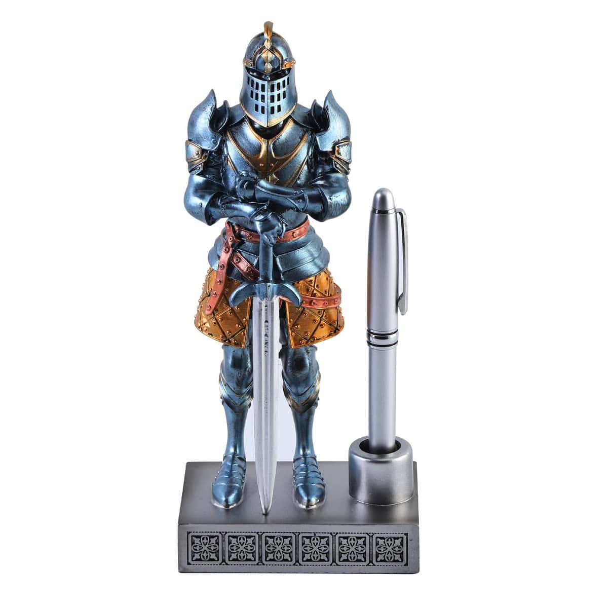 Amoysanli Knight Pen Stand Decoration Resin Pen Holder Art Craft Paperweight for Desktop Organizer Festival Gifts for Boyfriend Husband Dad Son(Blue)