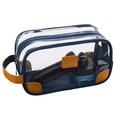 Clear toiletry bag for men and women, perfect for travel with spacious compartments to organize bathroom essentials.