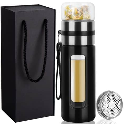 PARACITY Glass Tea Bottle with Infuser – Perfect Insulated Travel Mug for Loose Leaf Tea. Great Gift for Men.