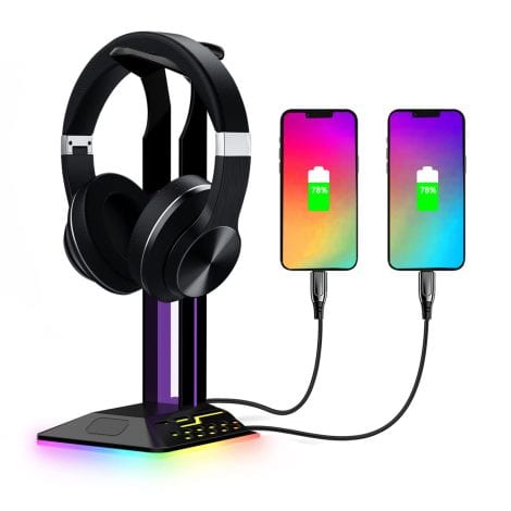 Gaming headset stand for Xbox, PS5, and PC, with RGB lights and 2 USB ports.