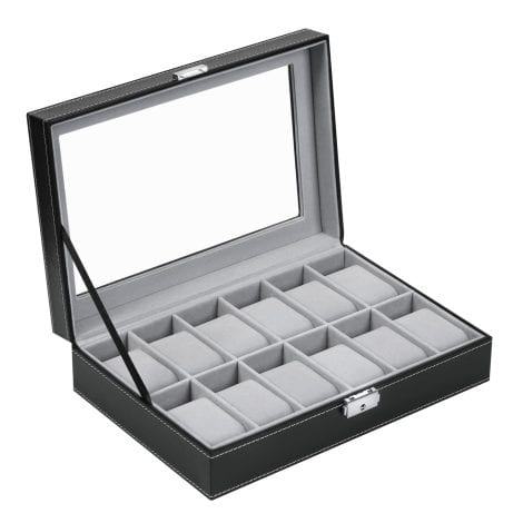 BASTUO (12 Slots) – Large Watch Storage Box with Glass Top, Black PU Leather.