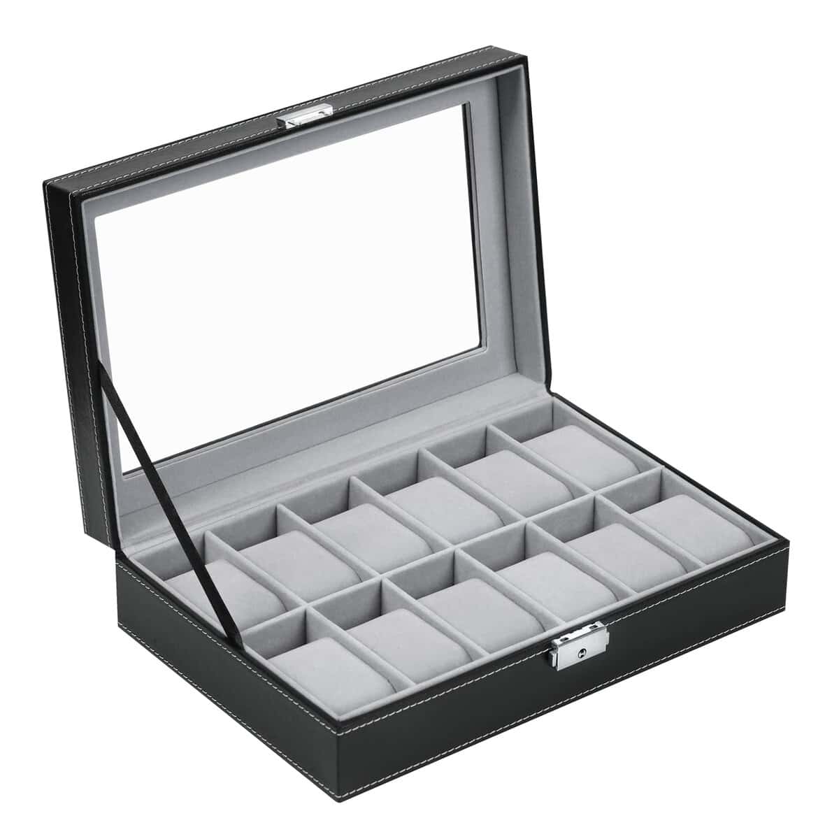 BASTUO (12 Slots) - 12 Watch Box for Men, Large Watch Display Case Organiser Tray Jewellery Display Stroage Glass Top, Black PU Leather