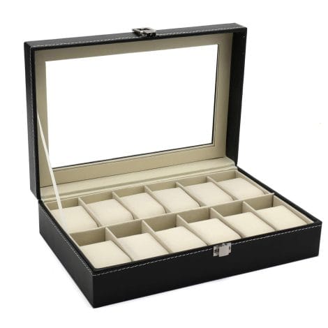 Hedume 12-slot Watch Box: Stylish leather case with glass lid, perfect for men and women’s watches and jewelry.