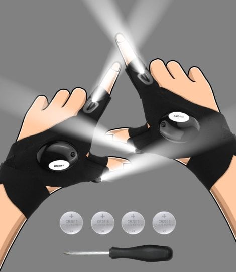 LED flashlight gloves: Handy hands-free lights for men. Perfect for car repairing, night fishing, running, camping, and hiking.