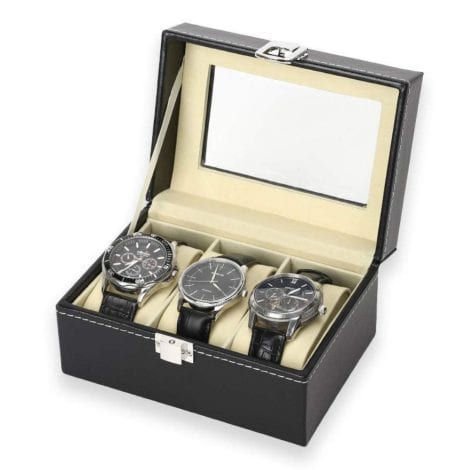 NuAngela Travel Watch Storage Box: Sleek, Lockable 3-Slot PU Leather Case for Men/Women’s Watches