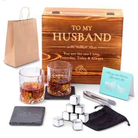 Gift set of 8 stainless steel whiskey stones and 2 whiskey glasses, perfect for husband’s birthday or anniversary.