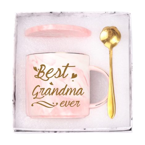 Pink Exquisite Boxed Mug Set: Perfect Grandma’s Gift for Birthday, Mother’s Day from Grandkids. Includes Spoon and Mat.