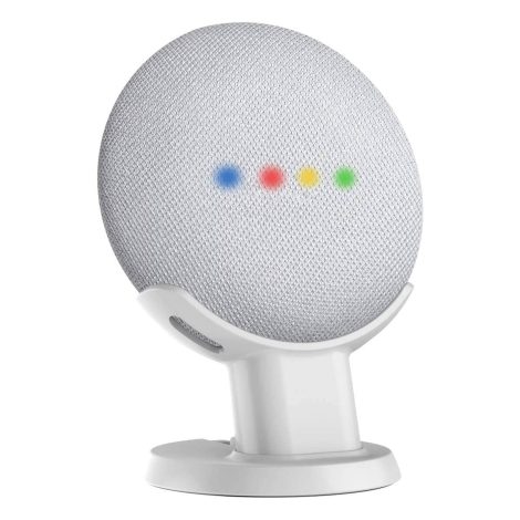 White Desk Stand for Google Home Mini, Enhances Sound and Look – Convenient Holder for Smart Home Voice Assistants.