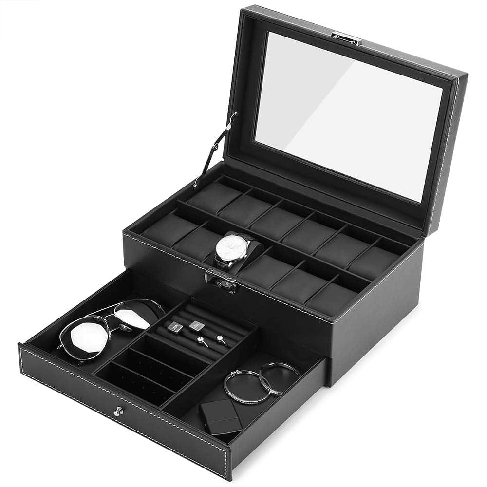 JS NOVA JUNS Watch Boxes for Men Women, 12 Slots PU Leather Lockable Watch Storage Boxes with Jewelry Display Drawer, Black