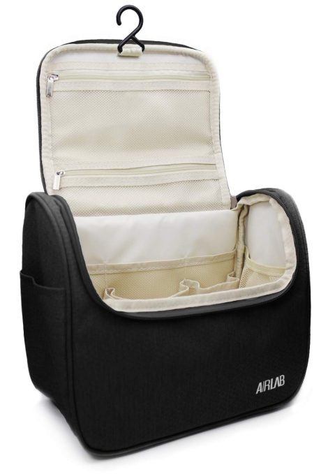 Black Hanging Toiletry Bag for Travel, Airlab Large Cosmetic Bag with Handle and Hook, Size: 9.45 x 7.65 x 5 inch