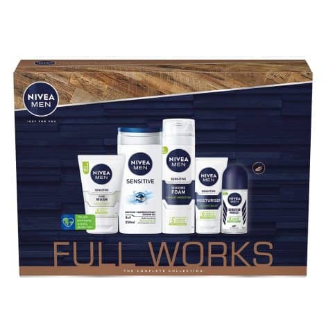 Complete Men’s Gift Set by Nivea, includes 5 essential items.