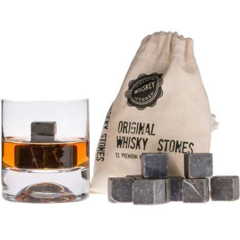 High-end whiskey stones gift set with 12 marble reusable ice cubes and bag. Perfect birthday gift for whiskey lovers. (Dark Grey)