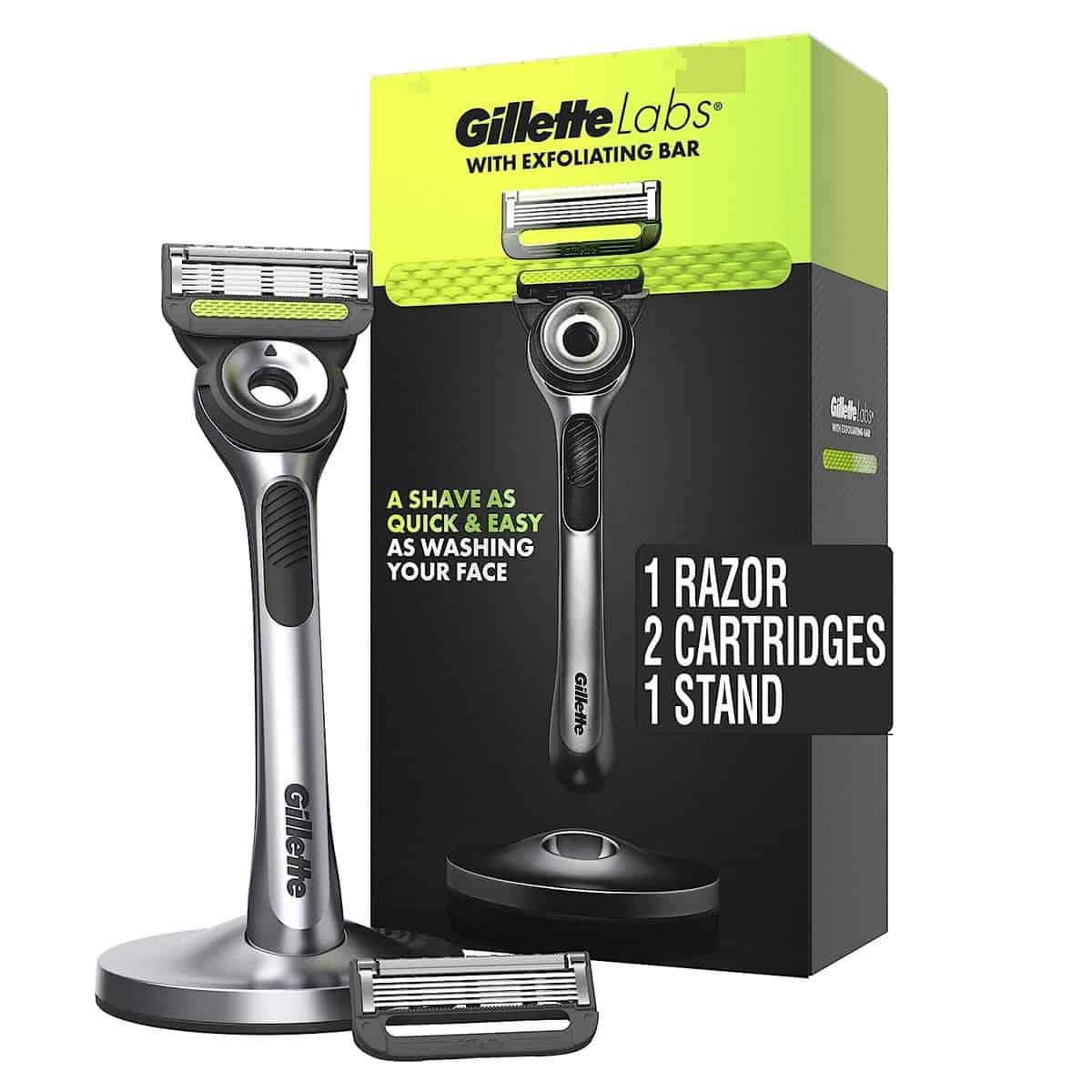 Gillette Mens Razor with Exfoliating Bar by GilletteLabs, Shaving Kit for Men, Includes 1 Handle, 2 Blade Refills, Premium Magnetic Stand