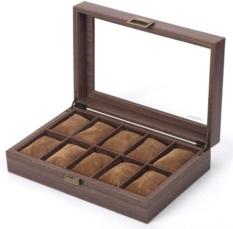 JUNCAN Wooden Watch Box with Glass Top, 10-slot Organizer for Men and Women’s Watches.