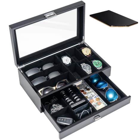 Black Wood Organizer for Men’s Jewelry, Watches, and Sunglasses – 2-Tier Display Case with Drawer.