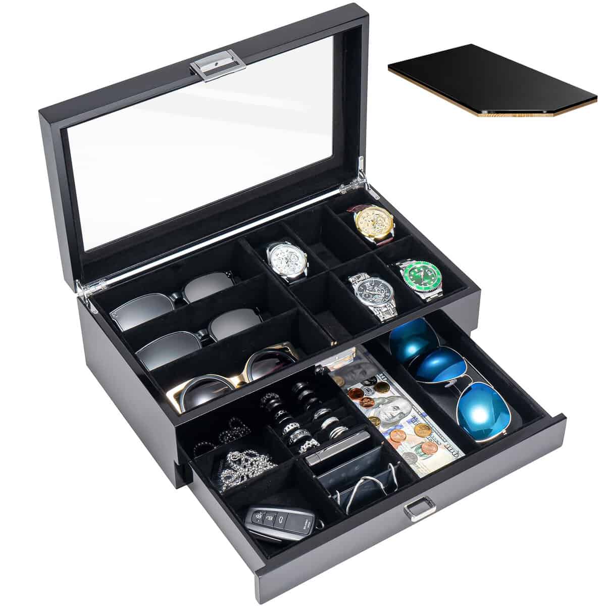 ProCase Wooden Men's Jewelry Box, Watch and Sunglasses Box Organizer for Men, 2-Tier Watch Holder and Glasses Display Cases with Clear Glass Top and Storage Drawer -Black