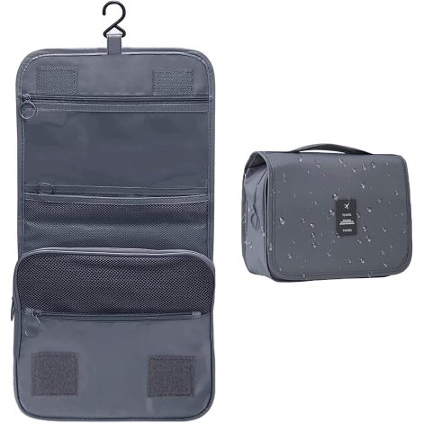 Necomi Waterproof Travel Toiletry Bag: Convenient hanging organizer for toiletries, makeup, medications, and grooming essentials. In Grey.