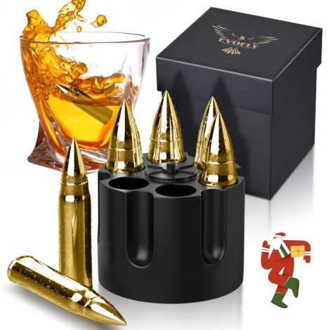 Holiday-themed whiskey accessories perfect for gifting: Steel ice cubes, advent calendar, and stocking fillers. Great for men!