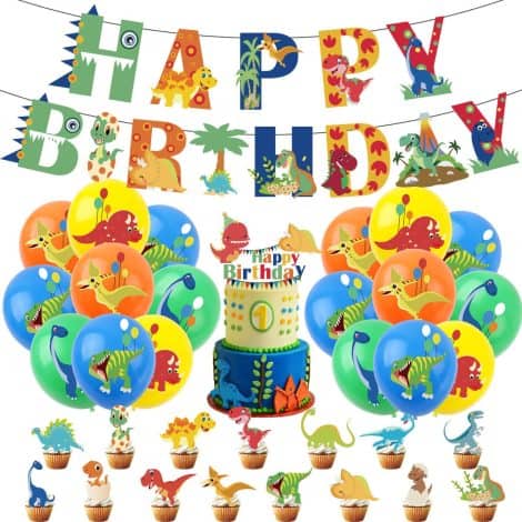 Jorunb Happy Dinosaur Birthday Party Balloons and Banner for Boys’ Birthdays, Baby Showers, and More!