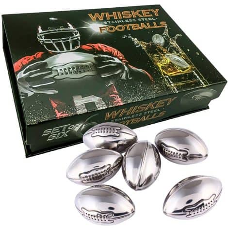 Luxury boxed set of 6 reusable stainless steel football whisky stones for chilly drinks. Perfect for sports fans! Ideal gift for birthdays, Father’s Day, or rugby enthusiasts.