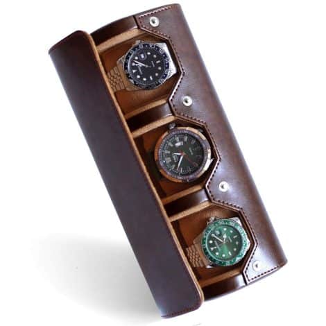 Portable travel watch organizer, holds 3 watches with velvet compartments, for men’s watches (Dark Brown).