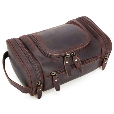 POLARE Classic Shaving Kit: Genuine Leather Toiletry Bag, Travel Case with YKK Zippers, Dark Brown. Vintage-inspired.