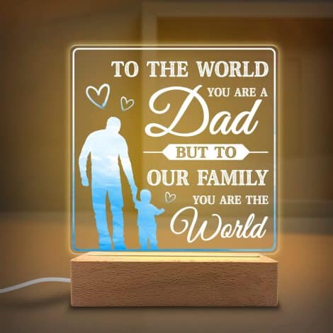 “World Acrylic Night Light: Perfect Dad Gift for Fathers Day, Christmas, or Birthday from Son or Daughter.”