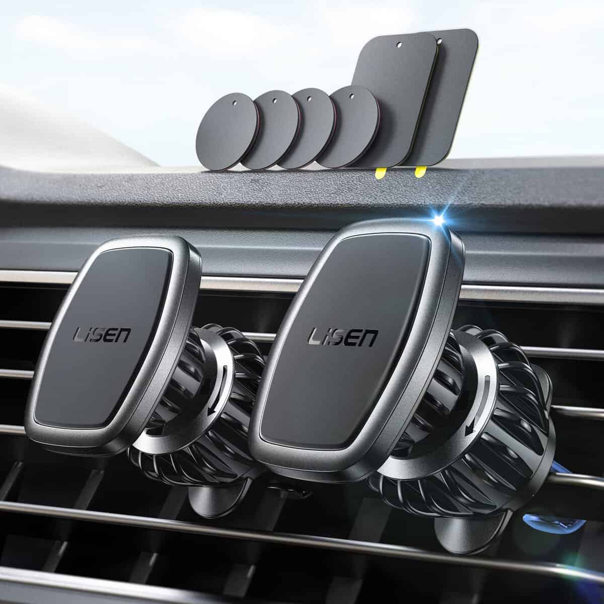 LISEN 2 Pack Magnetic Car Phone Holder Car Mount 6 Military Car Phone Holder Magnetic Hands-Free Vent Mobile Holder for car 6 Metal Plates Fit All iPhone 14/13 Pro Max, Samsung Android