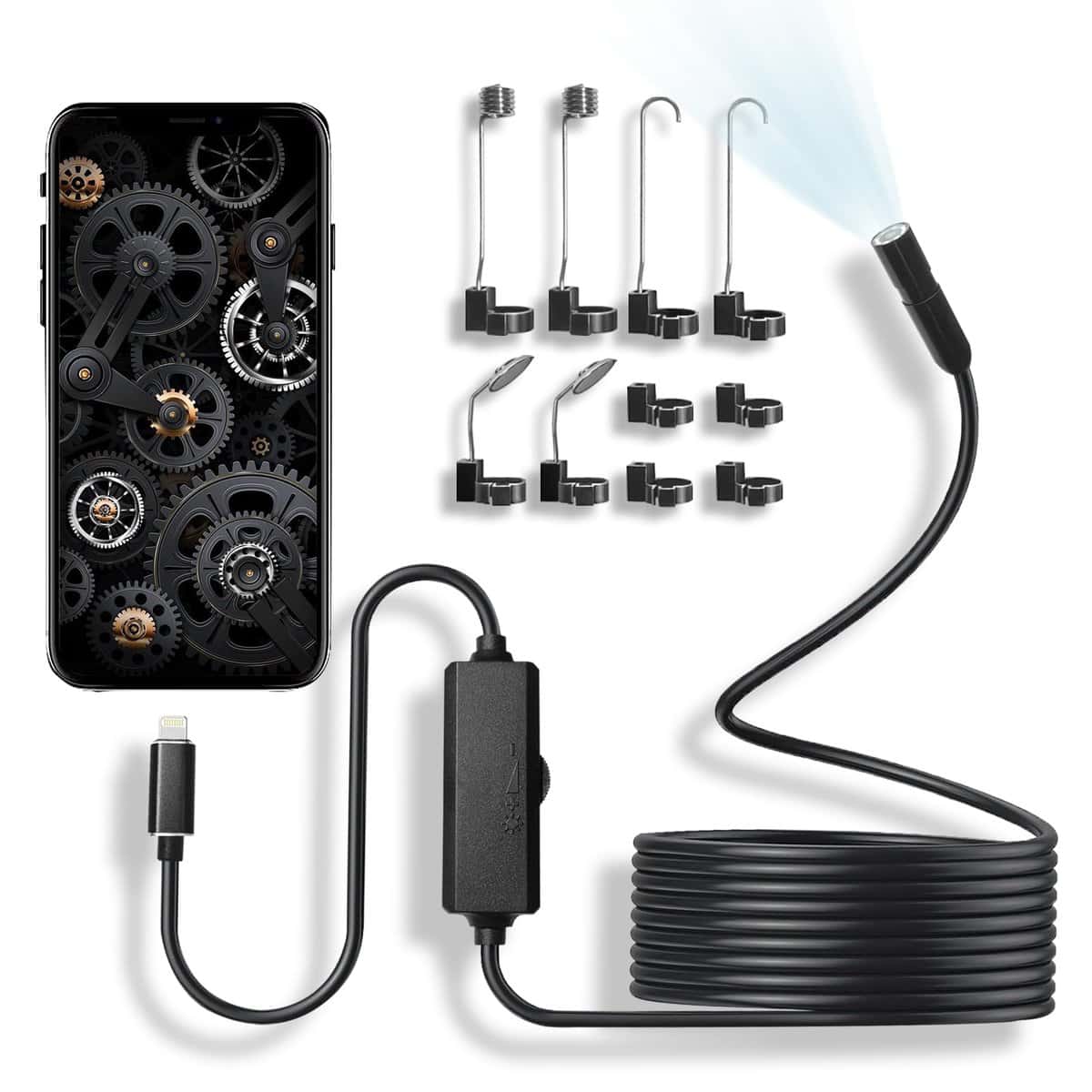 Endoscope Camera with Light for iPhone, 1920P Inspection Borescopes with 8 Adjustable LED Lights, 16.4ft Semi-Rigid Cable for Pipe Inspection, 7.9mm IP67 Waterproof Inspection Snake Camera