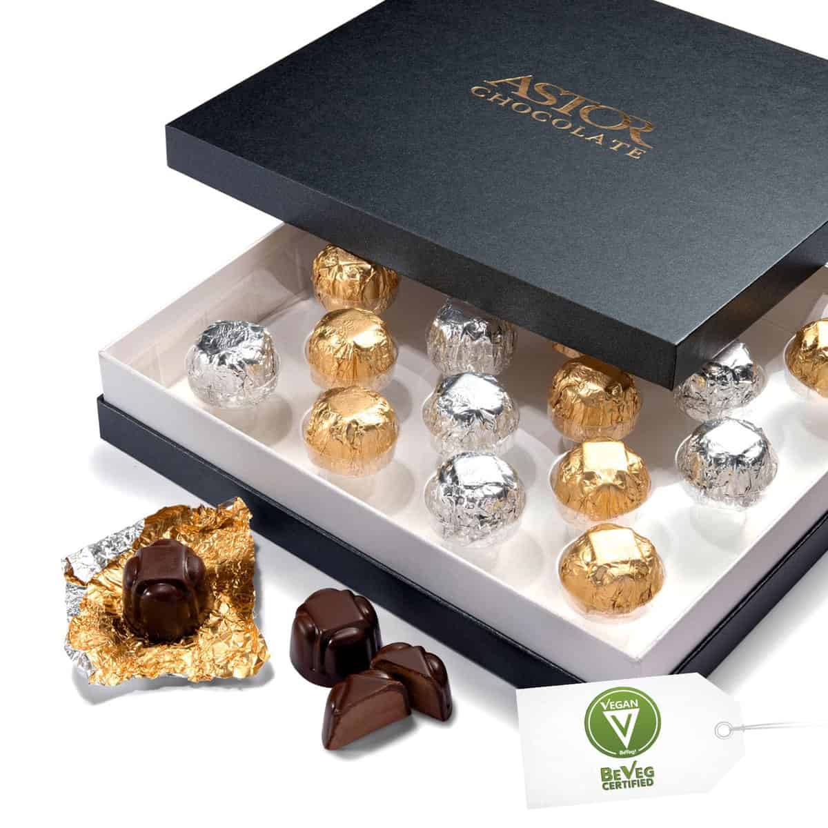 Astor Chocolate Hazelnut Vegan Truffle Box, 18 piece Belgian Chocolate Gift Set, Kosher Pareve Candy, Gourmet Non Dairy Candy, Vegan Chocolate For Her, Him, Family, Friends, Birthday, Christmas, Prime