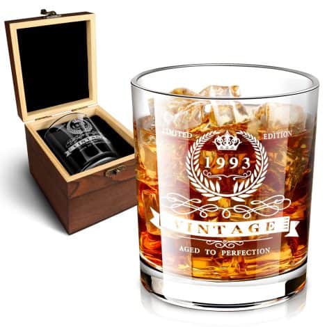 30th Birthday presents for guys: ’93 whiskey glass in special wooden box, vintage etched rocks glass, birthday décor.