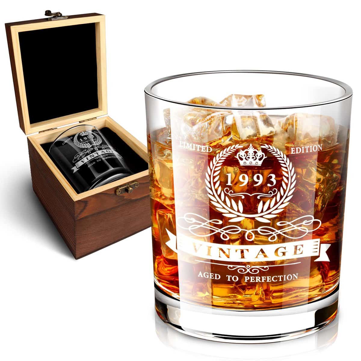 30th Birthday Gifts for Men, 1993 Whiskey Glass in Valued Wooden Box, Vintage 1993 Anniversary Etched 12oz Whiskey Rocks Glass, 30th Birthday Decorations for Men