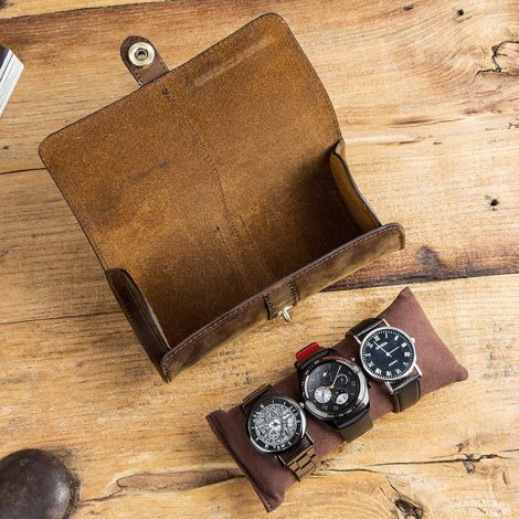 Universal Travel Watch Organizer: Genuine Leather Roll Case to Safely Store and Carry Men’s Watches, Jewelry, and Accessories.