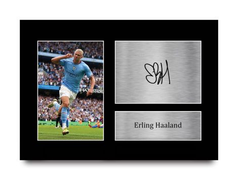 Authentic Erling Haaland autograph image on A4 size, perfect for Manchester City football fans and supporters.