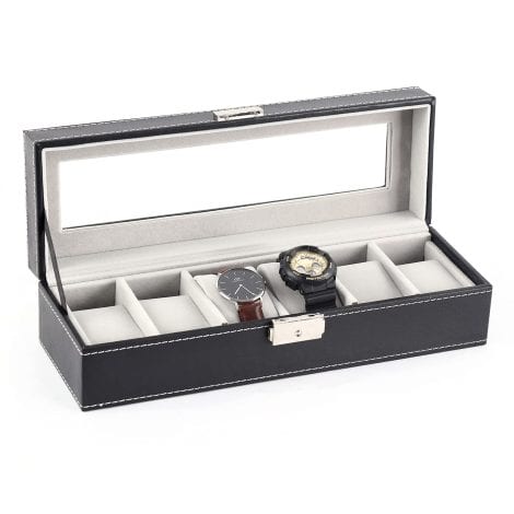 HEOMU Black Leather Watch Box: Stylish Men’s Luxury Display Case with Glass Drawer for Jewelry.