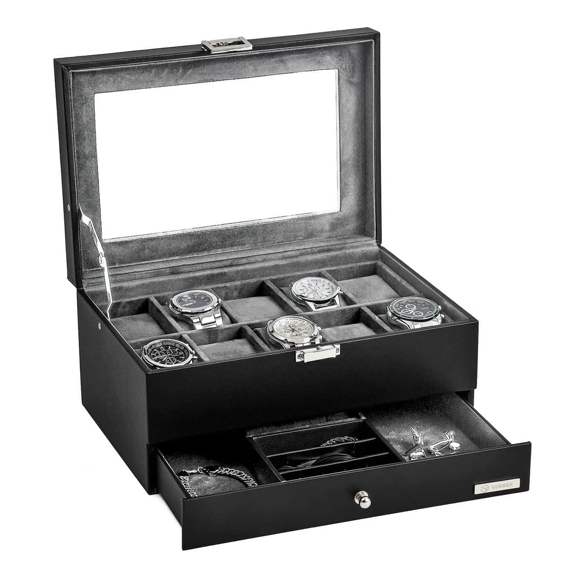 VIMBER Watch Box Organizer for Men with 10-Slot, Watch Case with Real Glass Top, Mens Jewelry box with Removable Tray for Storage and Display, PU Leather Lockable Watch Storage Boxes Grey