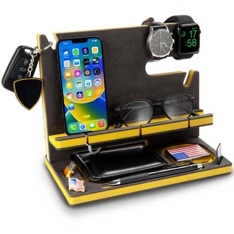 GRETAOTO Wood Docking Station, Organizer for Phone, Tablet, Wallet, Gadgets, Watch, Keys, Accessories, Work or Nightstand. Perfect Men’s Gift. (Yellow)