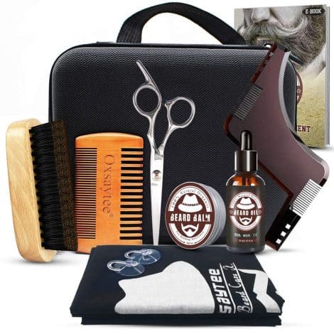 Beard Care Set – Oxsaytee Grooming Kit: Oil, Balm, Brush, Comb, Bib, Shaping Tool, Scissors; Ideal Gift for Men/Father.