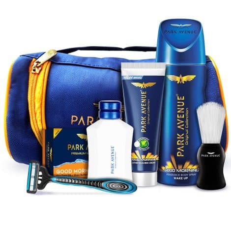 “Start your day off right with the Park Avenue Morning Grooming Kit – 6 essentials + travel pouch.”