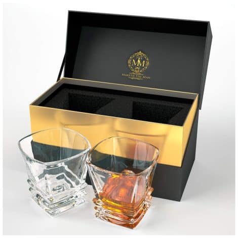 High-end Art Deco crystal whiskey glasses set of 2 in a stylish gift box. Dishwasher safe. Perfect for Whisky, Scotch, or Bourbon.