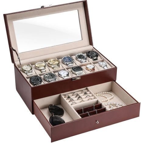 Men’s Watch Box Organizer with Drawer for Jewelry – Brown, fits 12 Watches, Cufflinks, Sunglasses, Rings, Necklaces, and more.