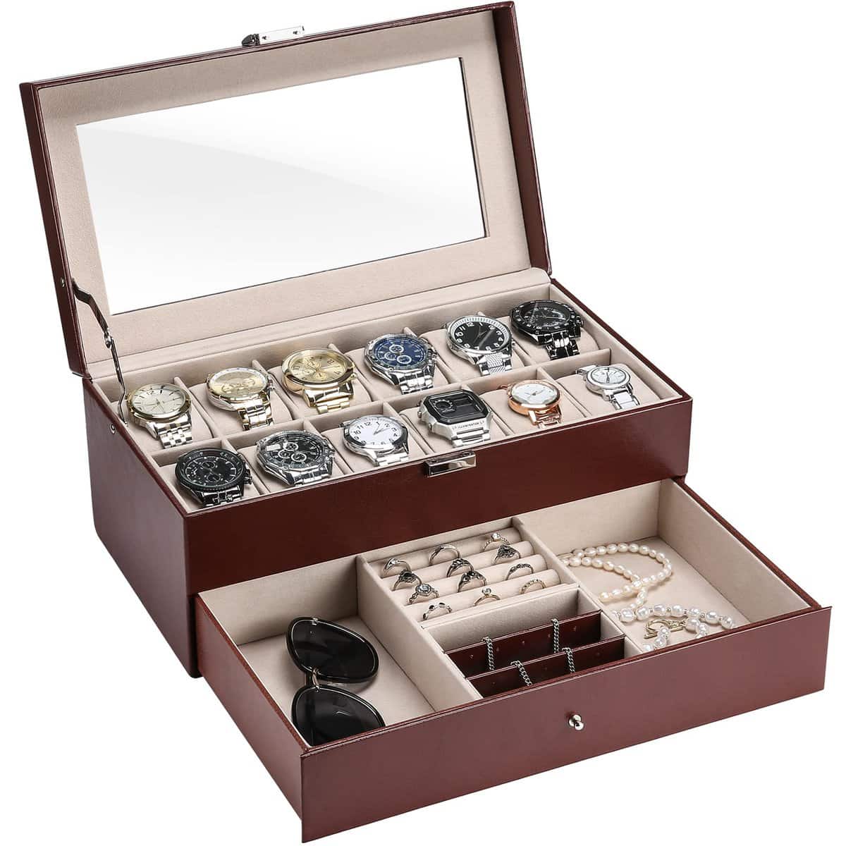 ProCase 12 Slots Watch Box Organizer for Men, Mens Watches Display Case Personalized Jewelry Storage Box Holder with Drawer for Cufflinks Sunglasses Rings Necklaces and Other Jewellery - Brown