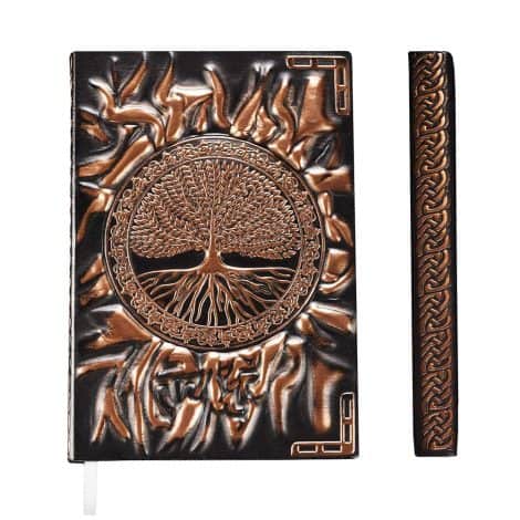 Vintage handcrafted leather journal with lined pages, ideal for gifting, featuring a 3D copper life tree design.